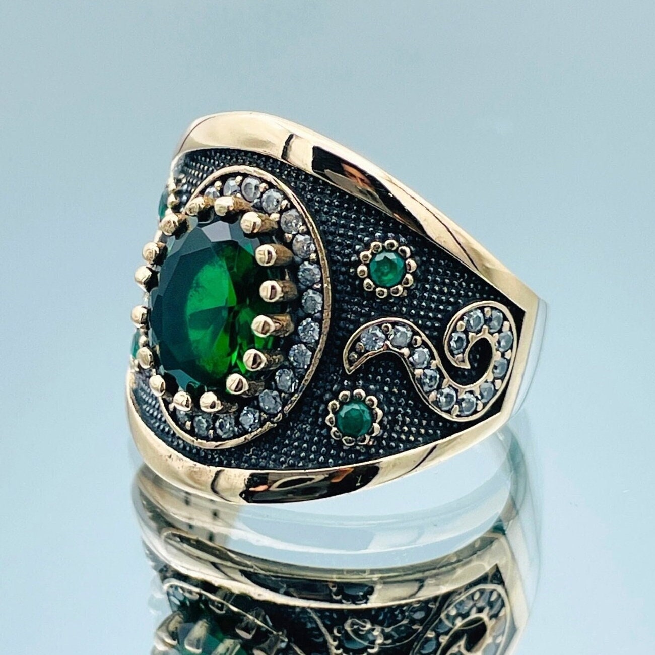 Women Emerald Ring, 925 Sterling Silver, Turkish Handmade Jewelry, Authentic Design, Ottoman Hurrem Ring, Gift For Her, Green Stone Ring