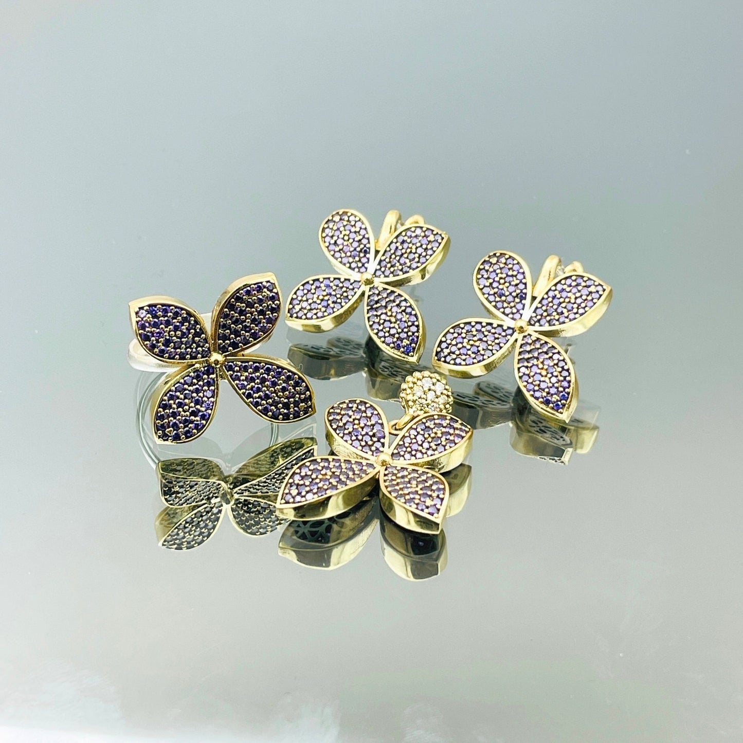 Women Amethyst Stone Jewelry Set, Clover Flower Design Set, 925 Sterling Silver Set, Turkish Handmade Set, Gift For Her, Purple Stone Ring