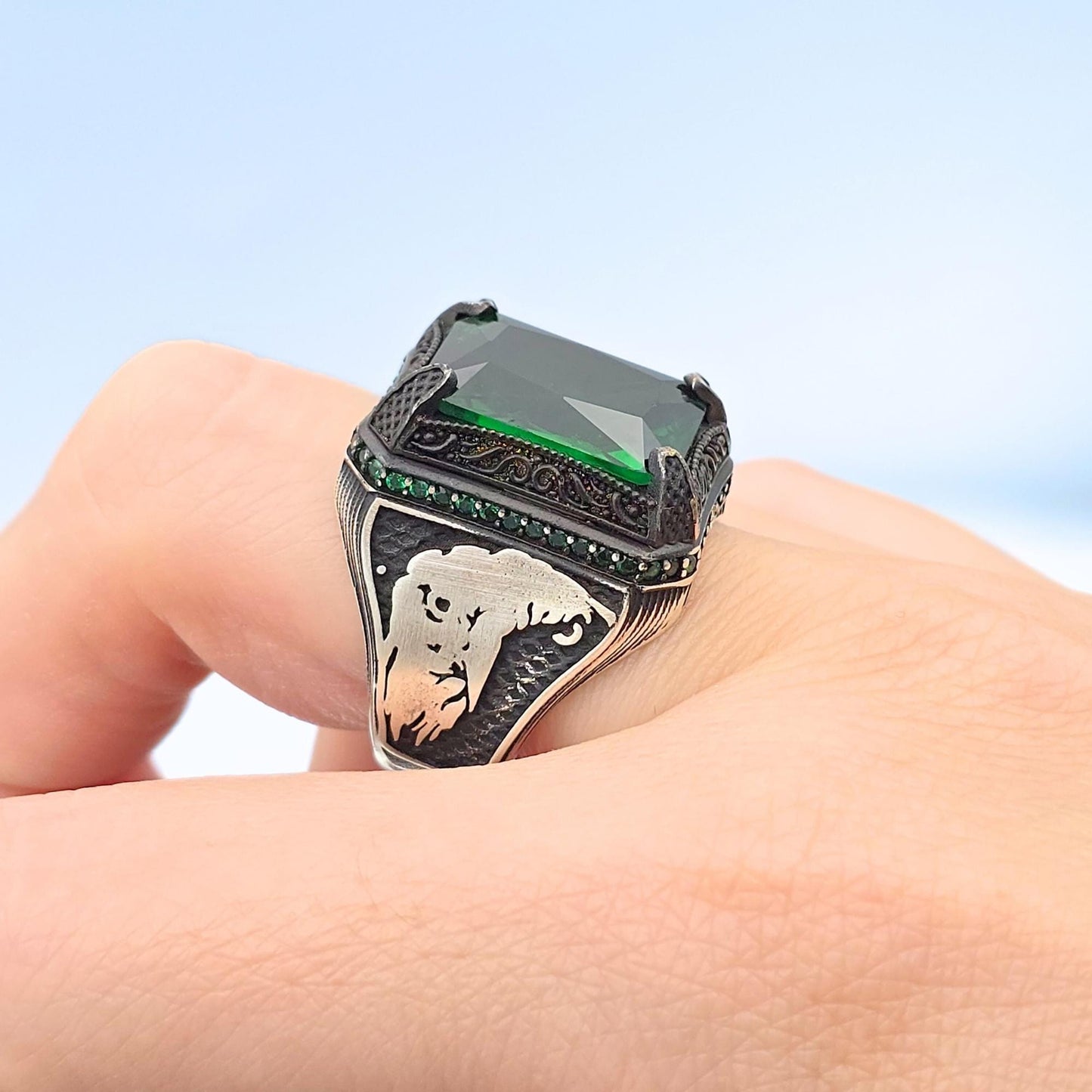 Men 925 Sterling Silver Emerald Stone Ring, Eagle Engraved 925 Sterling Silver, Gift Him, Gift Father, Gift Birthday, Gift For Husband Ring