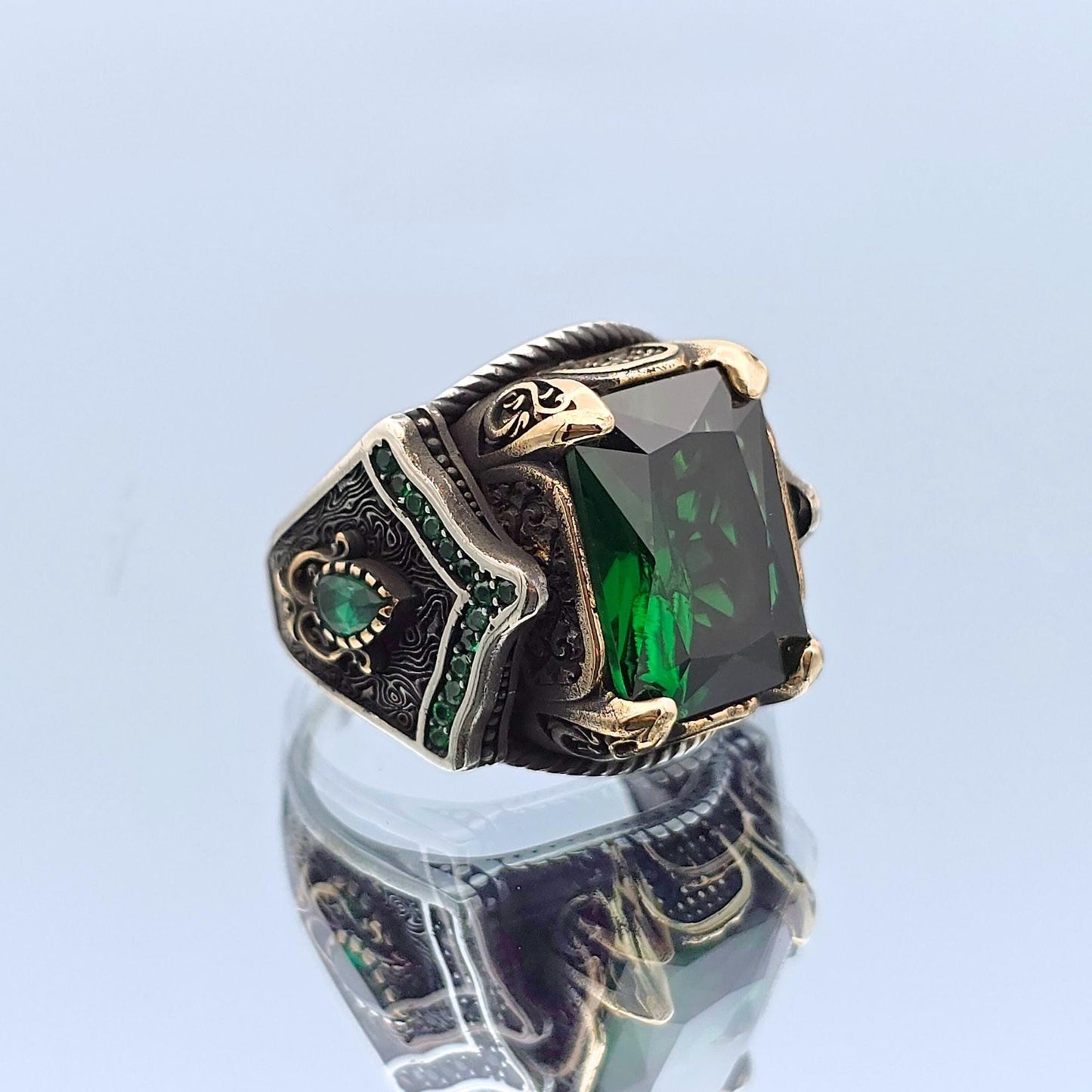 Men Emerald Stone Ring, 925 Sterling Silver, Authentic Ottoman Engraved Ring, Gift Him, Gift Father, Gift Husband, Gift Birthday Silver Ring