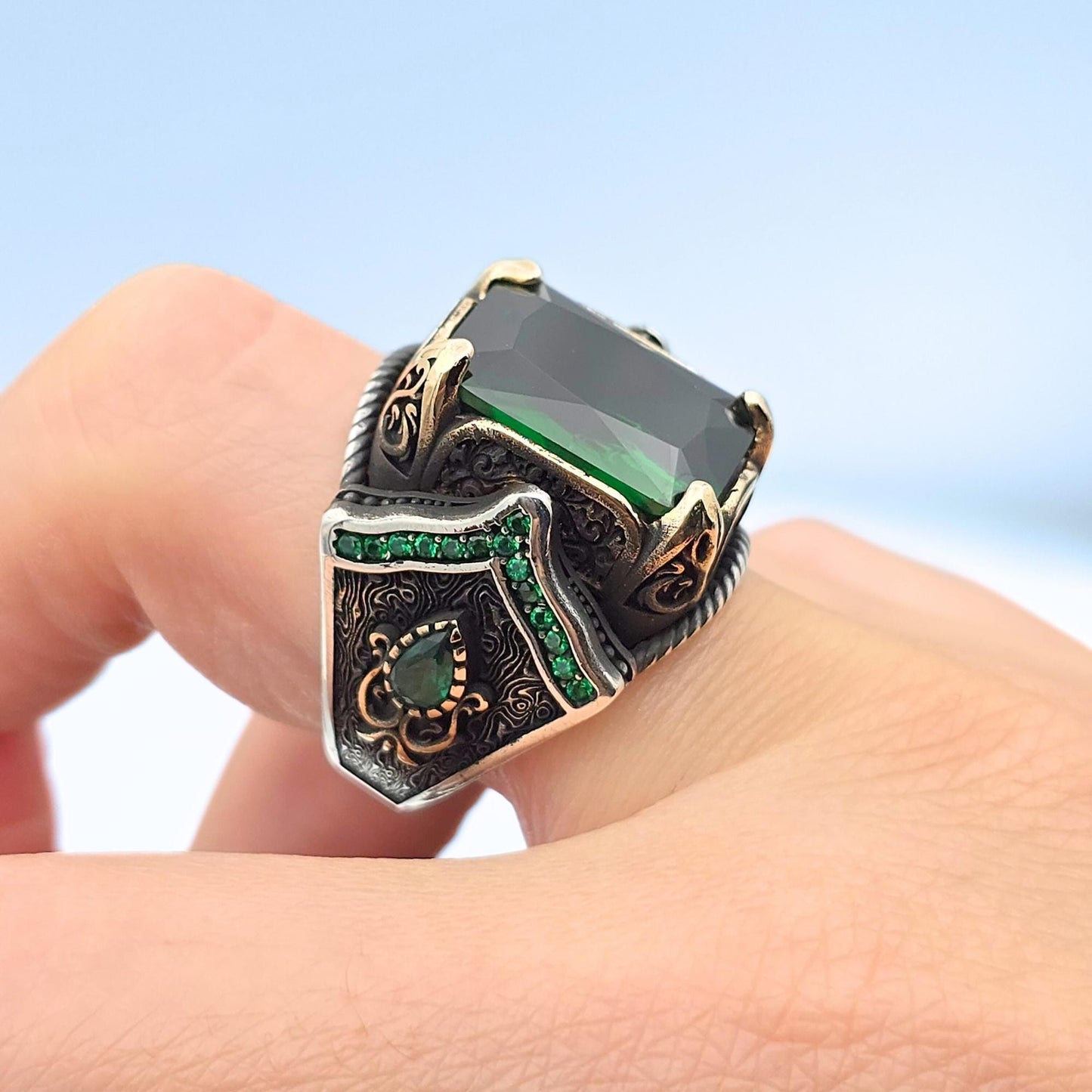 Men Emerald Stone Ring, 925 Sterling Silver, Authentic Ottoman Engraved Ring, Gift Him, Gift Father, Gift Husband, Gift Birthday Silver Ring