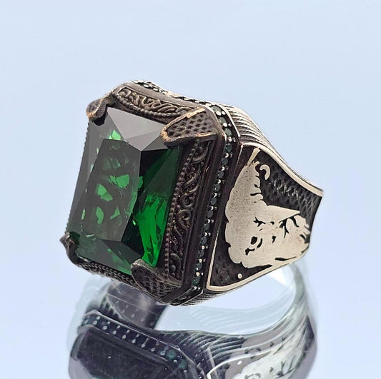 Men 925 Sterling Silver Emerald Stone Ring, Eagle Engraved 925 Sterling Silver, Gift Him, Gift Father, Gift Birthday, Gift For Husband Ring