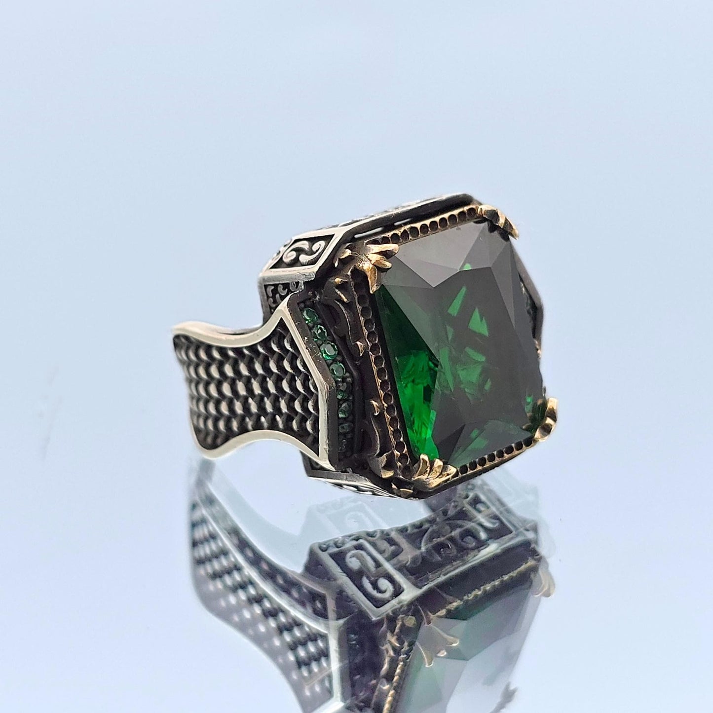 Men Emerald Stone Ring, 925 Sterling Silver, Authentic Ottoman Sultan Ring, Gift Him, Gift Father, Gift Husband, Gift Birthday Jewelry Gift